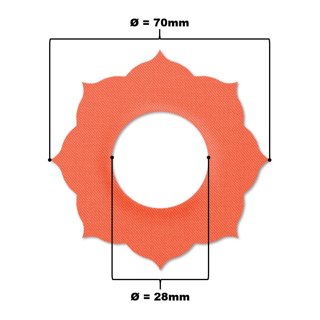 Anello di fissaggio arancione, diametro 70mm, foro 28mm. Forma floreale, texture. Dimensioni indicate.