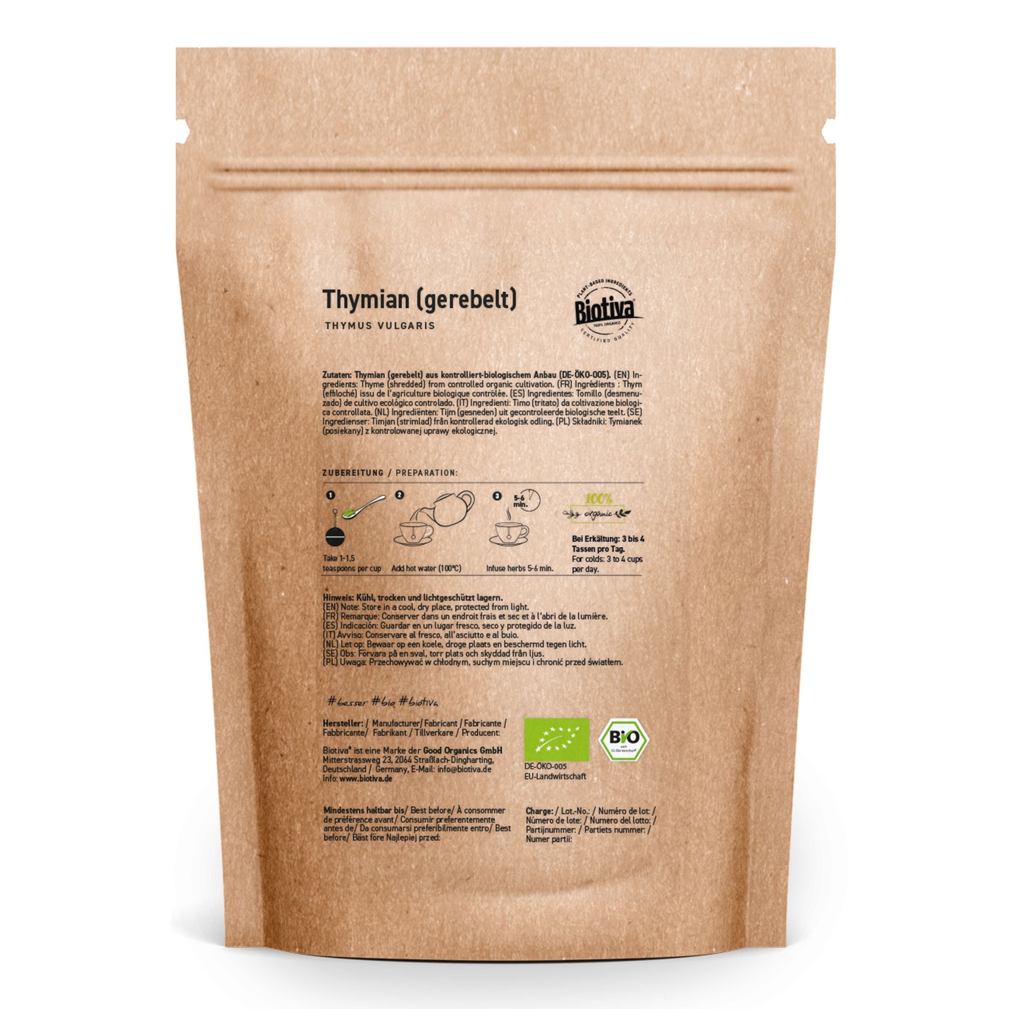 Retro della confezione di timo. Marchio Biotiva, sigillo bio. Testo: Timo (sminuzzato). Informazioni e preparazione.