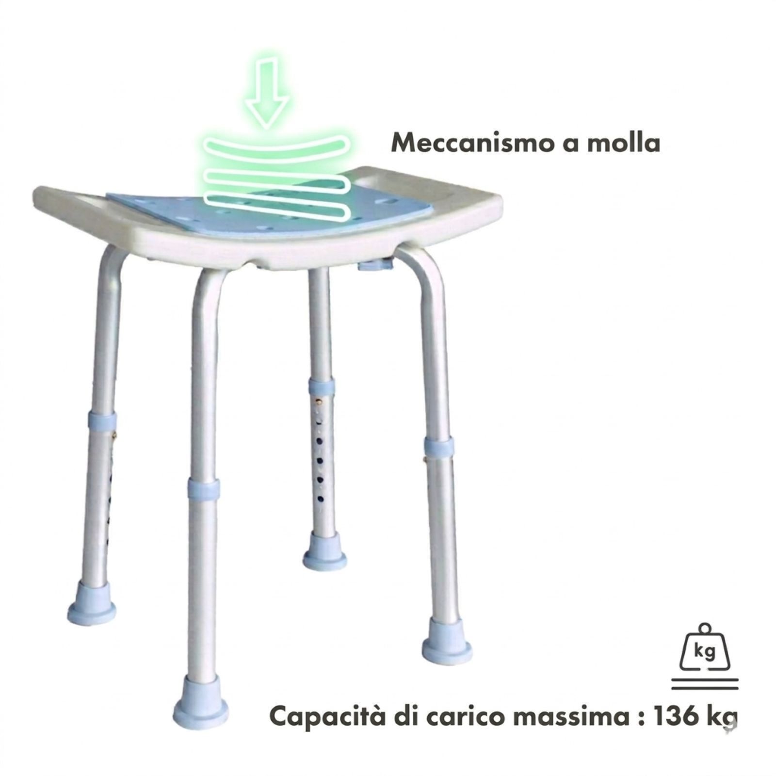 Sgabello da doccia blu. Capacità di carico massima: 136 kg. Simbolo freccia.