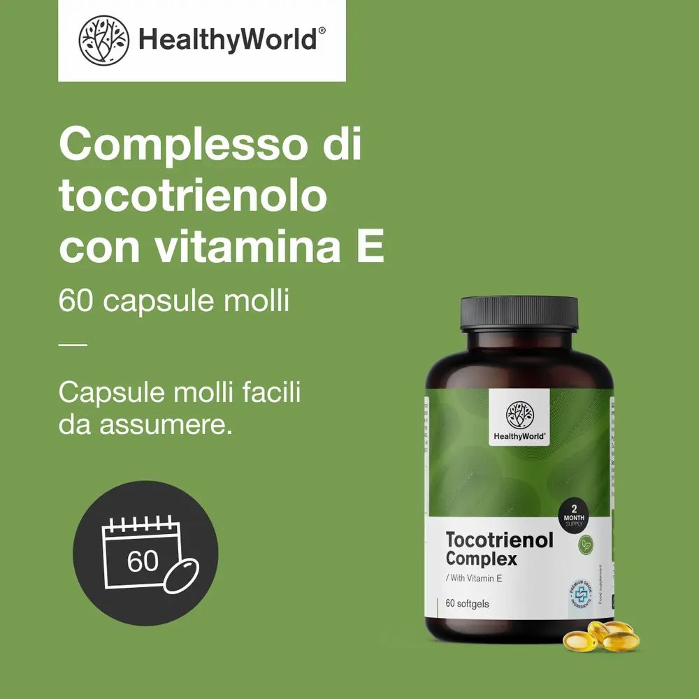 Bottiglia Tocotrienol Complex, 60 capsule molli, con logo HealthyWorld e primo piano di capsule.