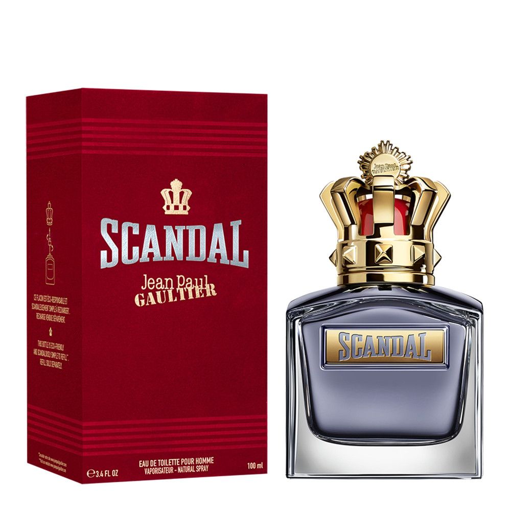 Flacone con corona dorata e scatola rossa. Scritta "SCANDAL" e "Jean Paul Gaultier".