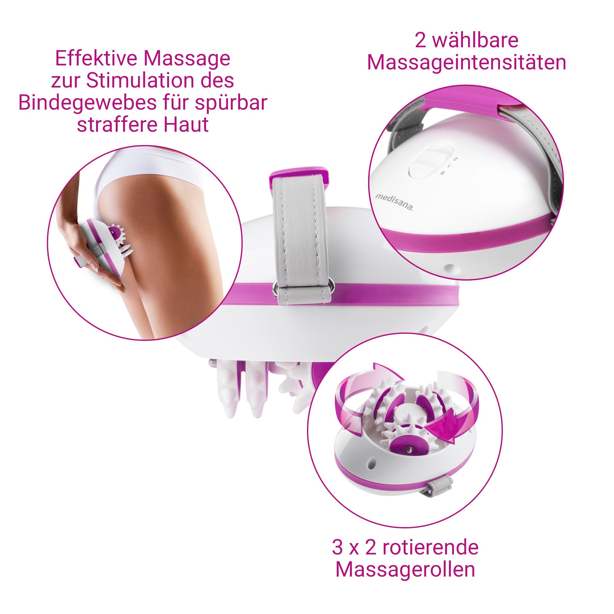 Medisana AC 850: 3x2 rulli massaggianti rotanti, 2 intensità, massaggio efficace del tessuto connettivo.