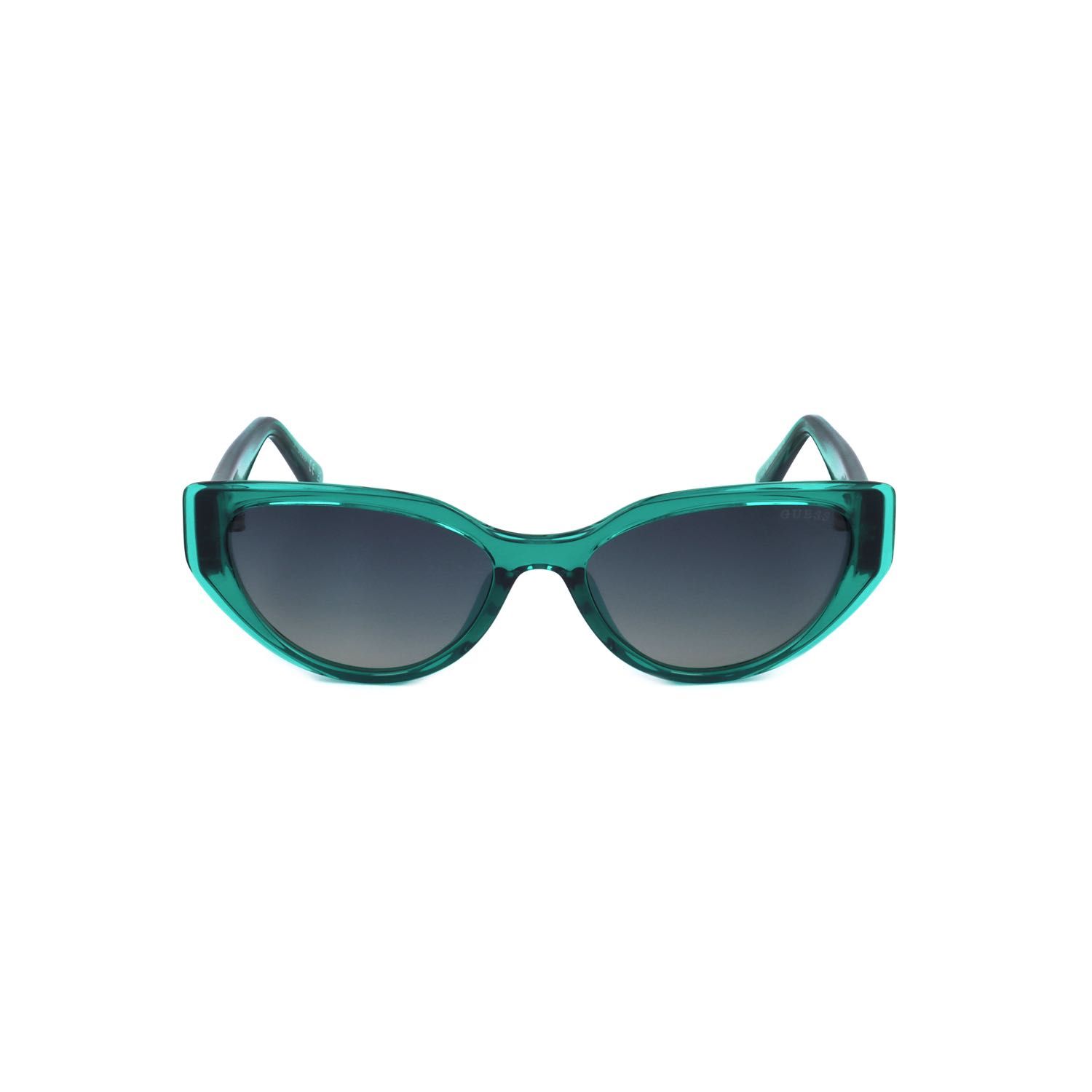 Occhiali da sole cat-eye verde acqua con lenti scure e montatura trasparente.