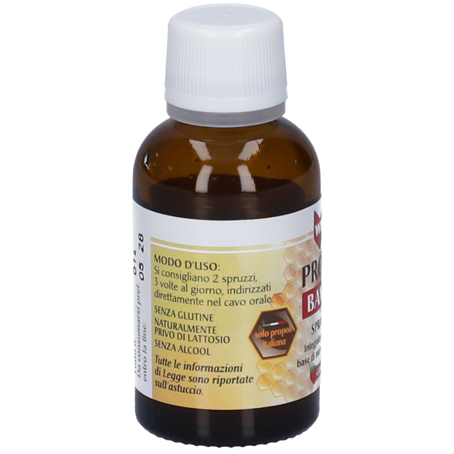 Flacone marrone con tappo bianco. Etichetta con testo. Informazioni su uso e ingredienti. Senza glutine, lattosio, alcool.