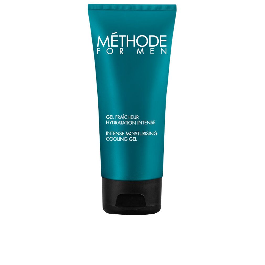Tubo turchese con scritta 'Méthode For Men' e 'Intense Moisturising Cooling Gel'.