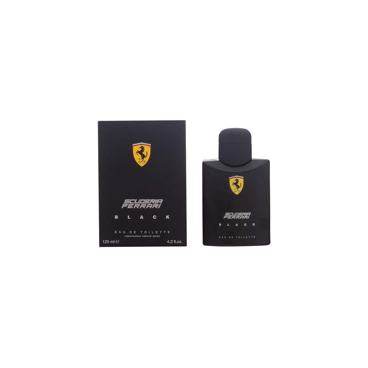 Flacone e confezione neri. Logo e scritta Scuderia Ferrari Black. 125 ml.