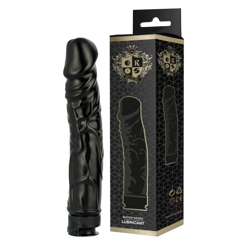 Dildo nero accanto alla confezione di lubrificante Eros. Scatola nera con immagine del prodotto e logo.
