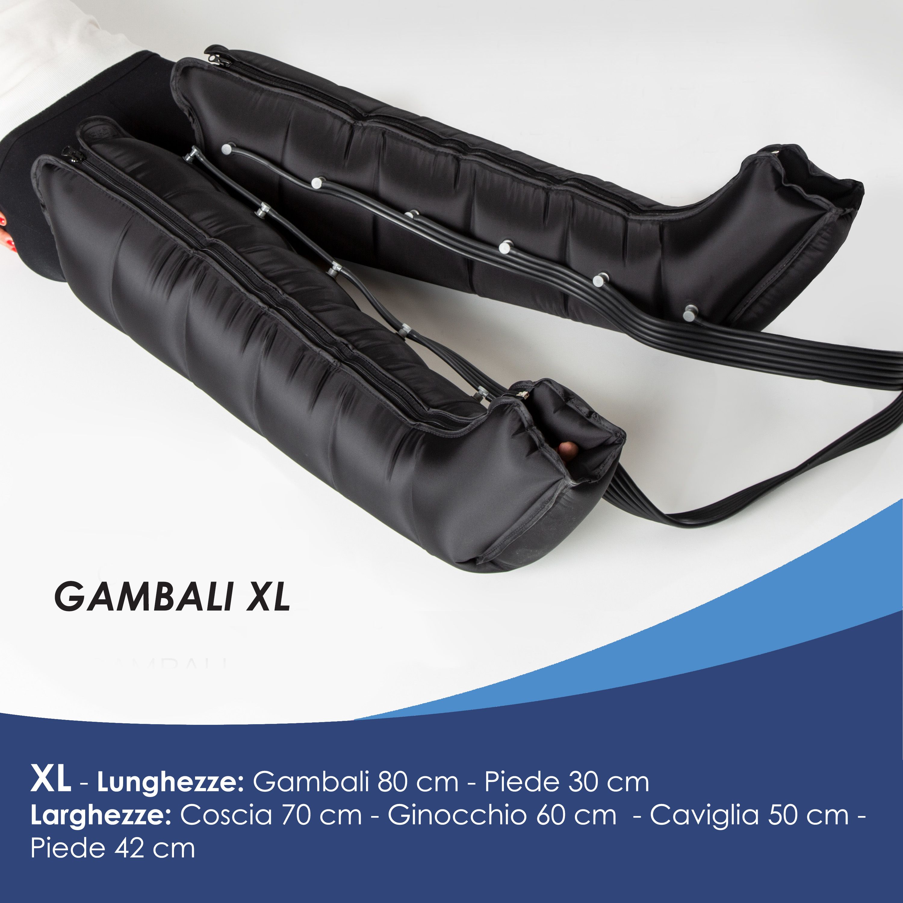 Stivali neri di compressione per le gambe, taglia XL, con chiusure in velcro e cinghie.