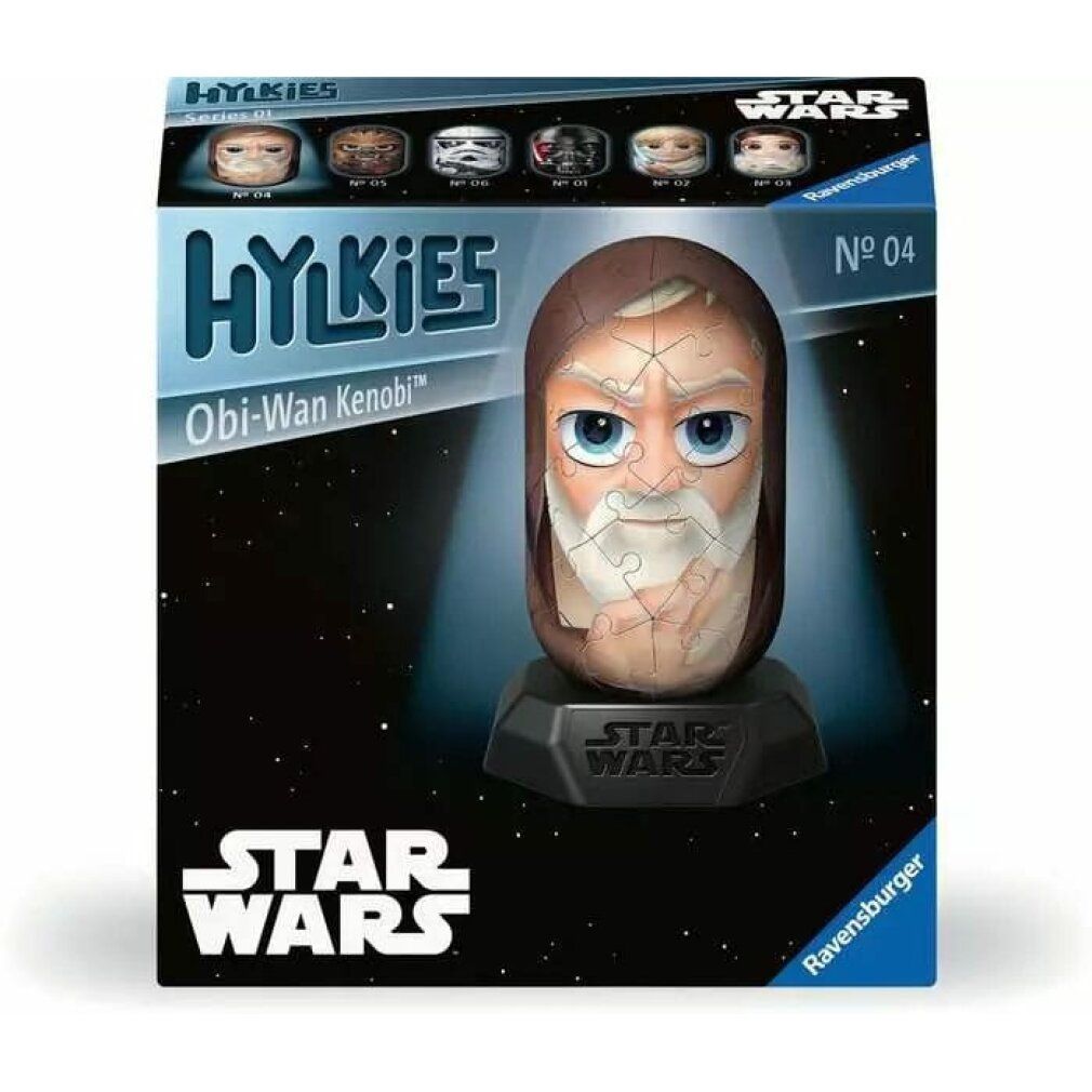 Confezione con puzzle 3D Obi-Wan Kenobi. Scatola Hylkies con logo Star Wars. Puzzle su base. Logo Ravensburger.