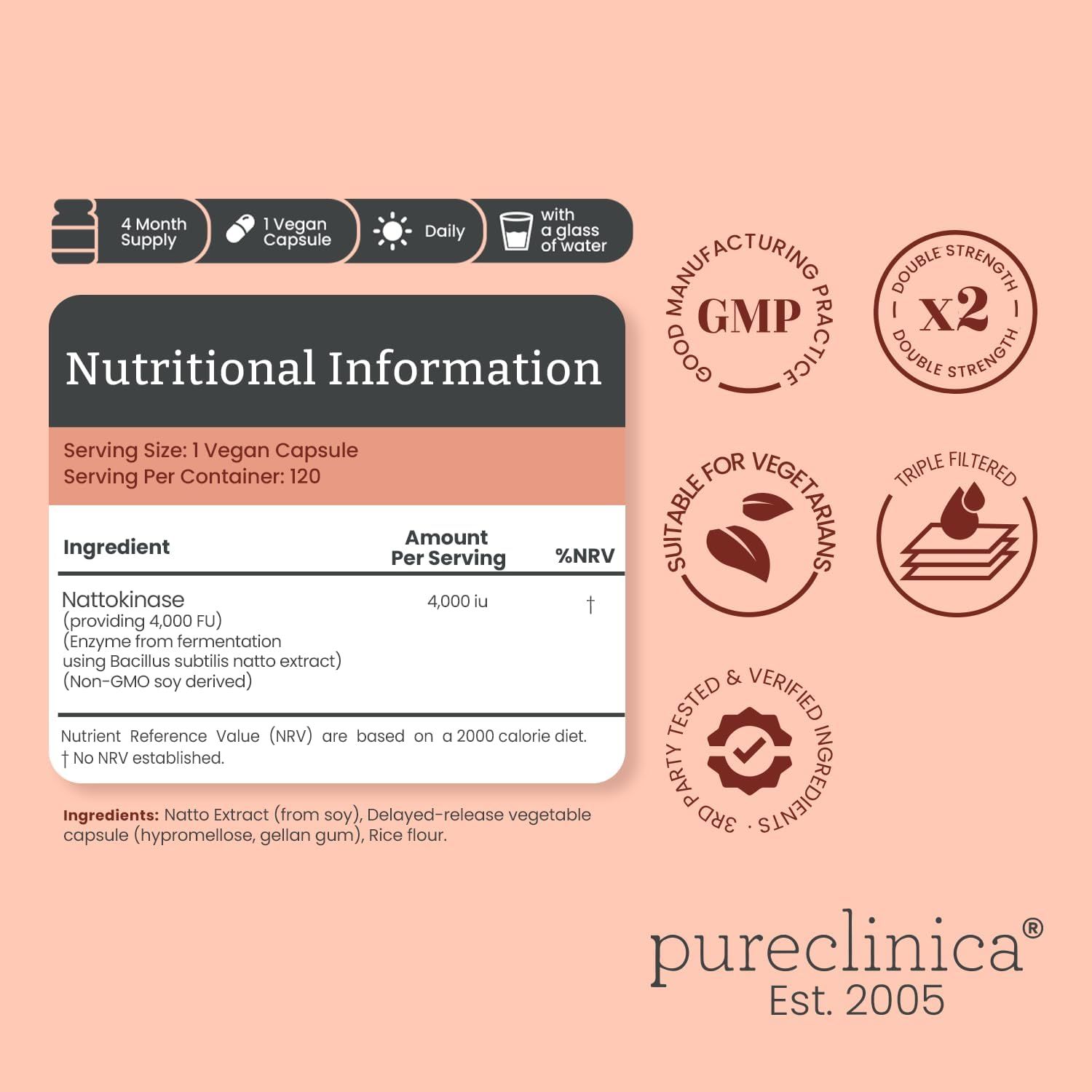 Tabella nutrizionale delle capsule di nattokinase. Include informazioni sugli ingredienti, valori nutrizionali e certificazioni GMP.