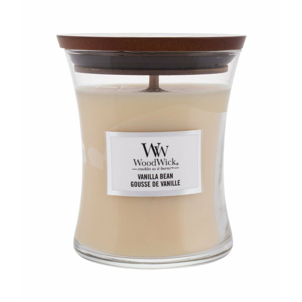 Candela a forma di clessidra con coperchio. Scritta: WoodWick, Vanilla Bean.