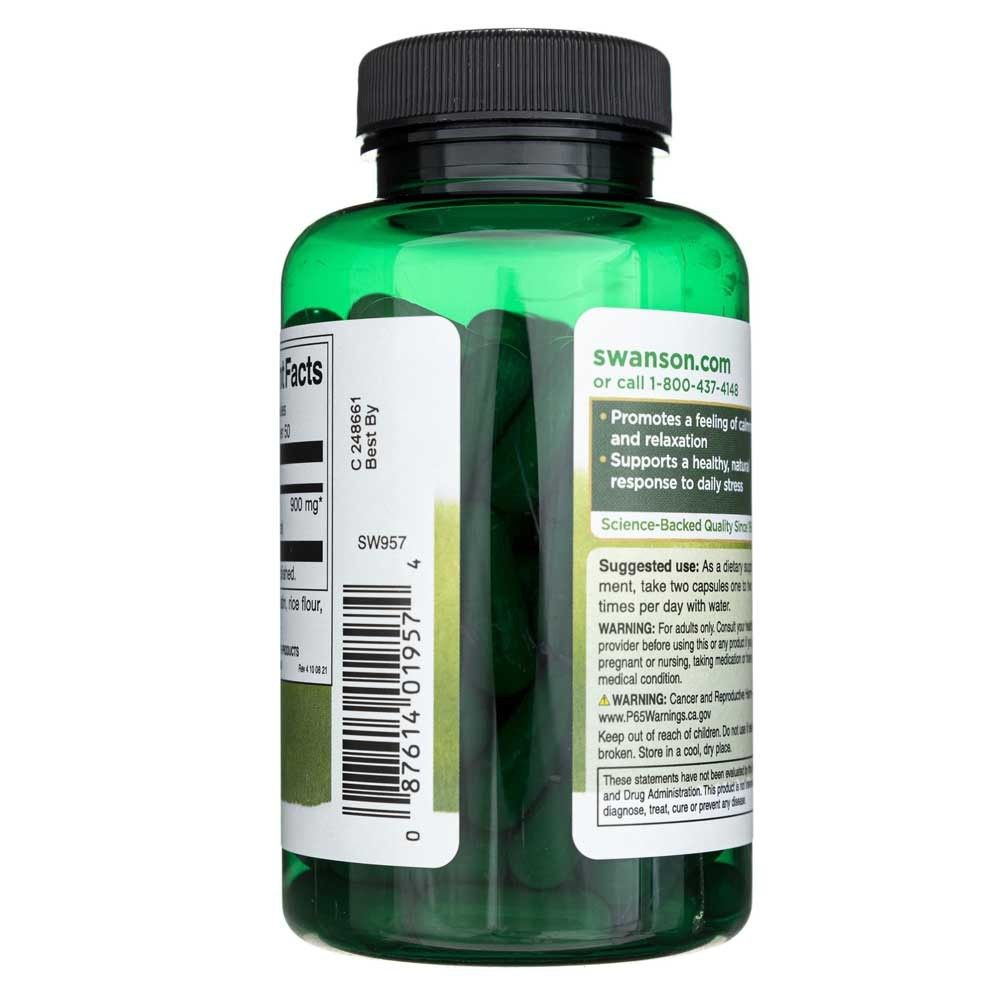 Vista laterale di un flacone verde di capsule di Ashwagandha, che mostra i dettagli dell'etichetta.