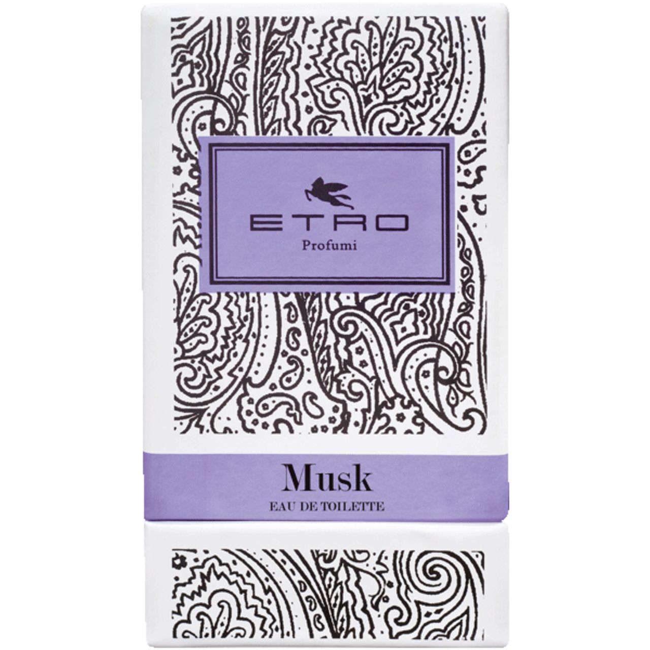 Confezione di Etro Musk Eau de Toilette. Bianca con dettagli viola e motivo paisley. Logo e nome del prodotto.
