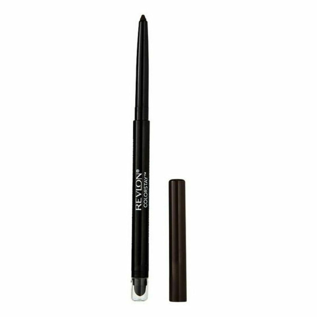 Eyeliner nero. Forma cilindrica. Marchio: Revlon Colorstay. Mina estesa, cappuccio accanto.