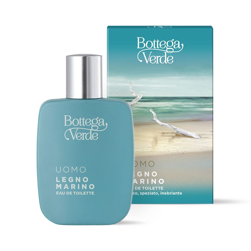 Flacone azzurro con tappo argentato e confezione. Scritta: Bottega Verde, Legno Marino Eau de Toilette.
