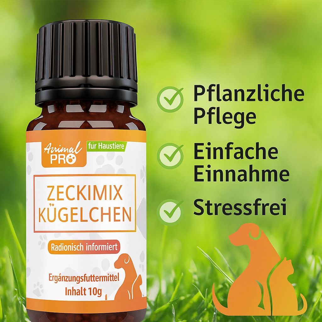 Flacone di vetro marrone con tappo nero. Etichetta con nome prodotto Zeckimix Kügelchen, marchio Animal Pro, per animali. Verde sullo sfondo.