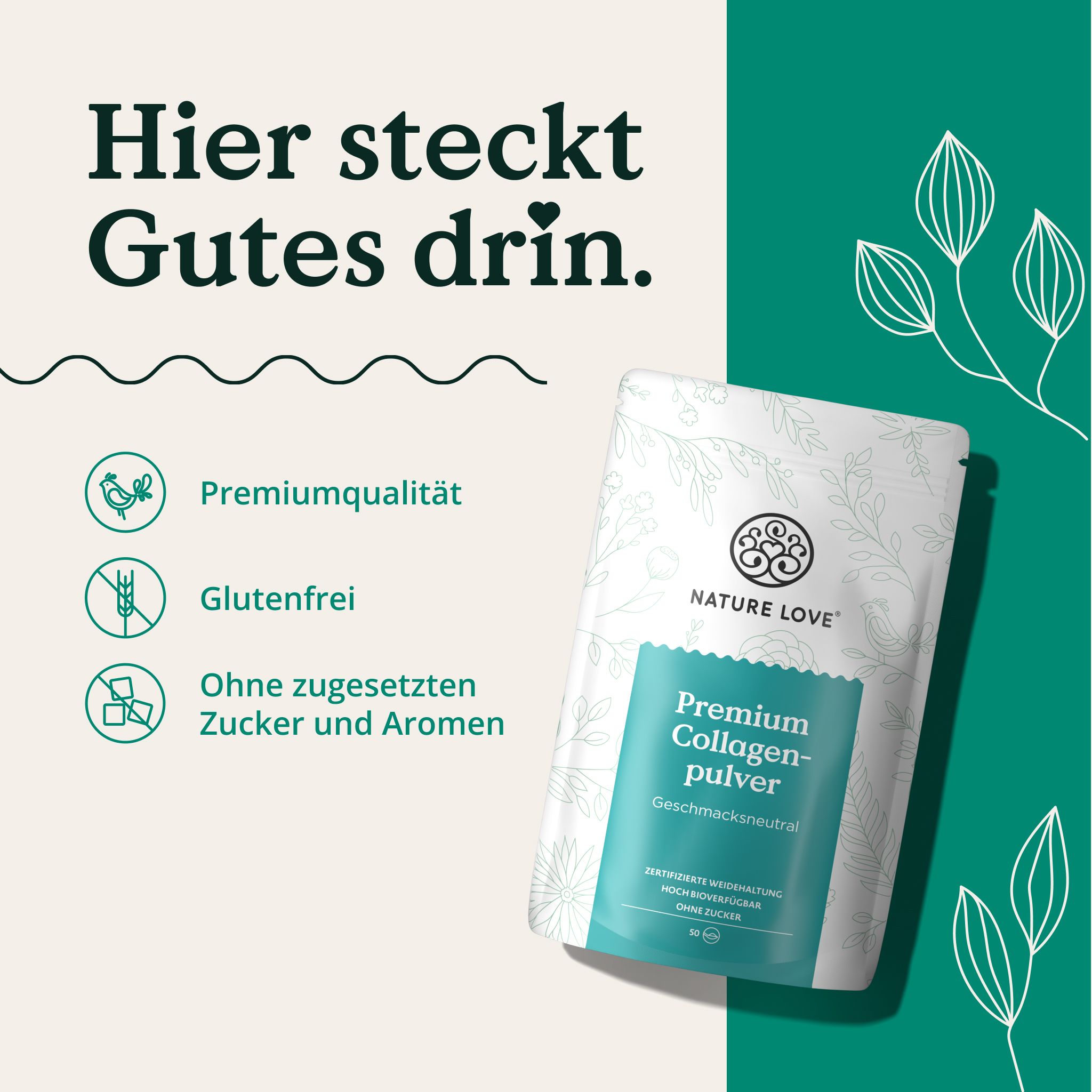 Busta NATURE LOVE® Premium Collagenpulver. Testo: qualità premium, senza glutine, senza zuccheri e aromi aggiunti. Prodotto angolato.