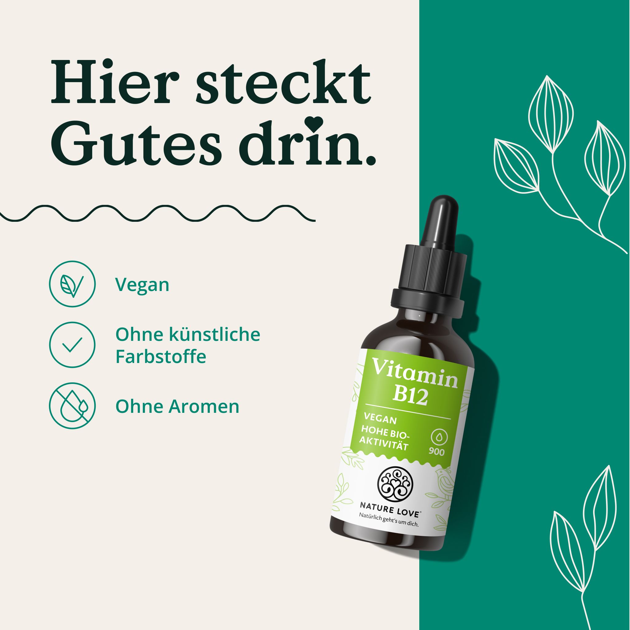 Flacone di NATURE LOVE Vitamina B12, vegano, senza coloranti né aromi artificiali.