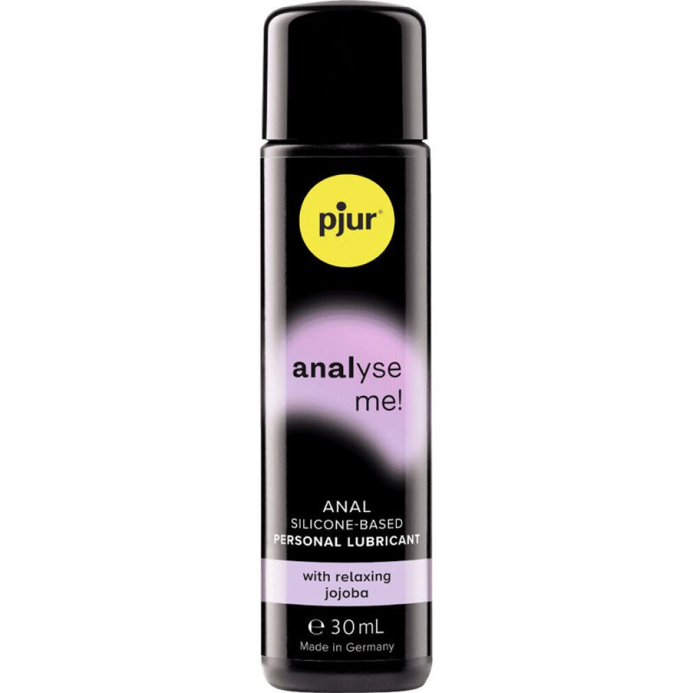 pjur Analyse me! Gel lubrificante anale, flacone con tappo nero. Scritta: ANAL SILICONE-BASED PERSONAL LUBRICANT, jojoba.