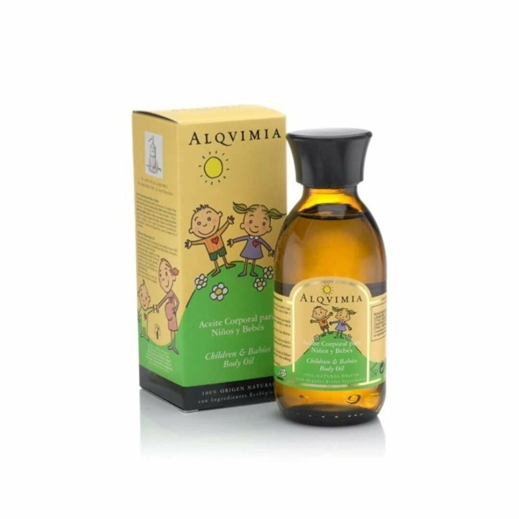 Flacone in vetro ambrato e scatola con disegni di bambini. Scritta: 'Aceite Corporal para Niños y Bebés' e 'Body Oil'.
