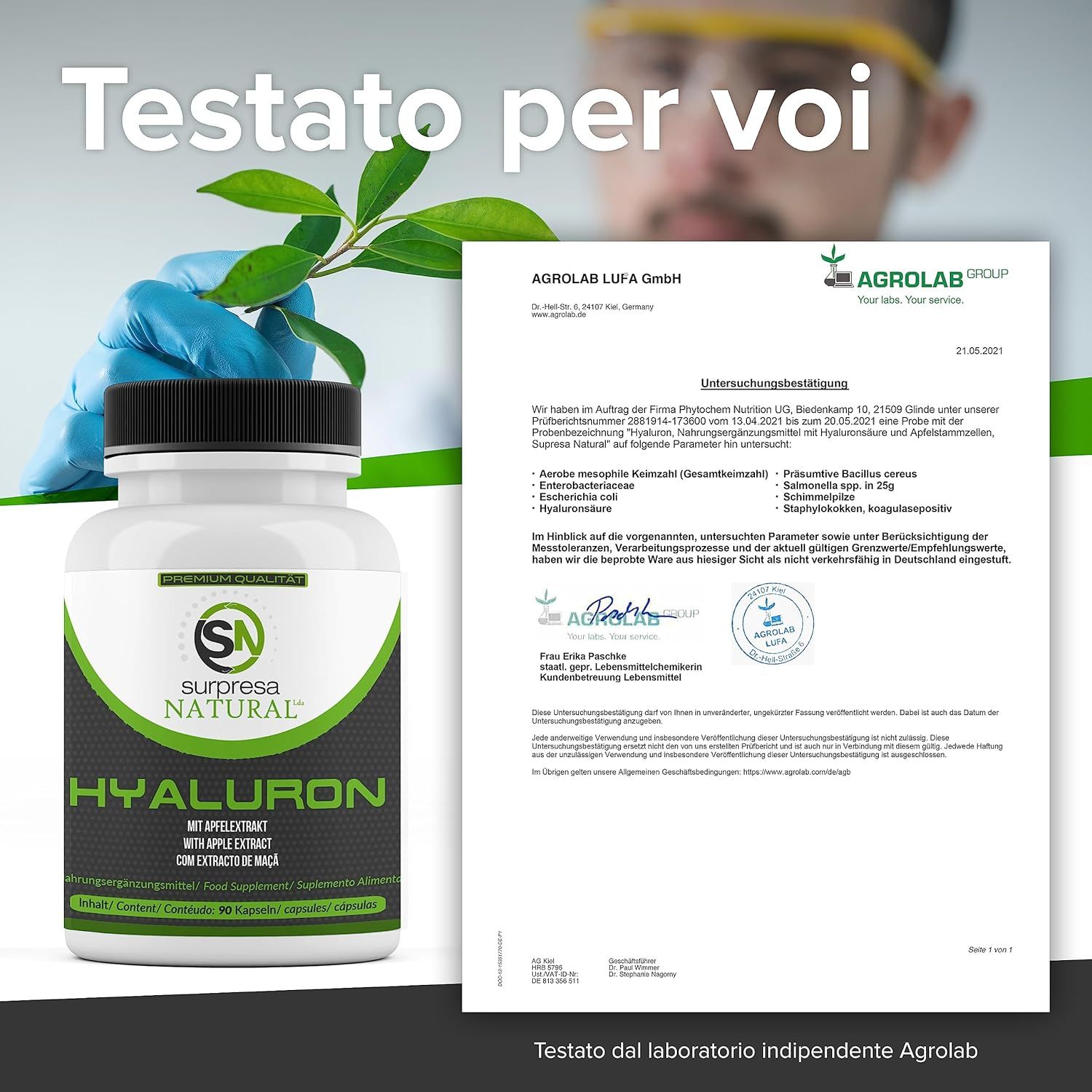 Flacone di capsule Hyaluron e certificato. Testo: Testato per voi. Agrolab LUFA GmbH.