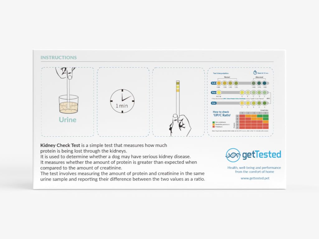 Confezione con illustrazioni e testo. Contiene istruzioni per eseguire un test renale per cani. Logo: getTested.