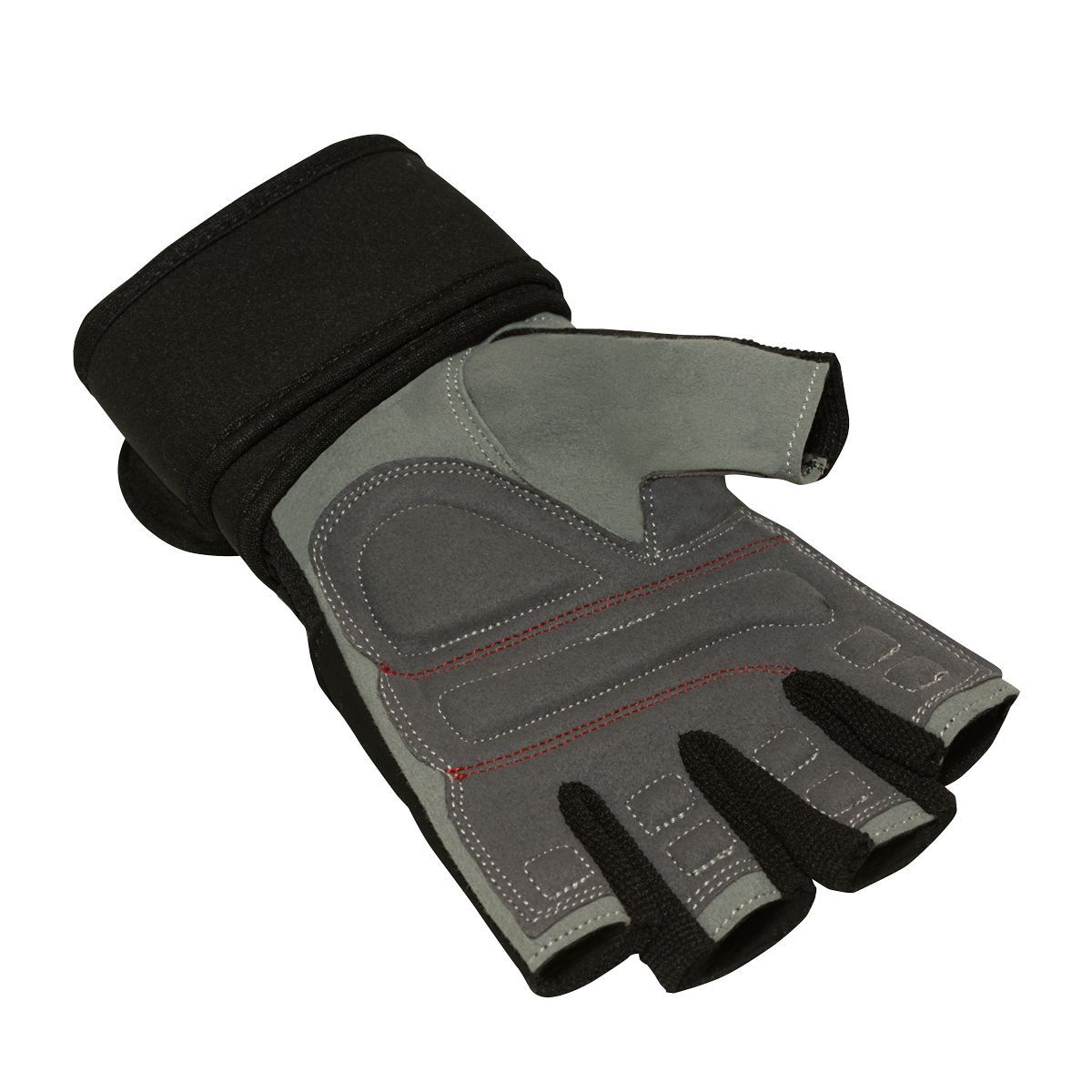 Un guanto da fitness in pelle grigia da uomo con chiusura in velcro e palmo rinforzato.