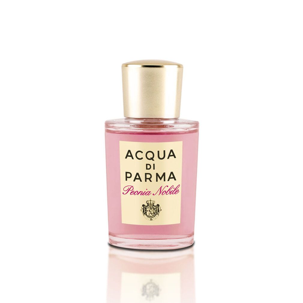 Flacone rosa con tappo dorato. Scritta: ACQUA DI PARMA Peonia Nobile. Eau de Parfum.