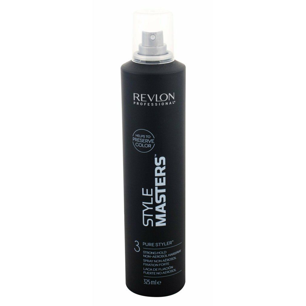 Flacone spray nero con erogatore bianco. Scritte: Revlon Professional, Style Masters, Pure Styler, Strong Hold.