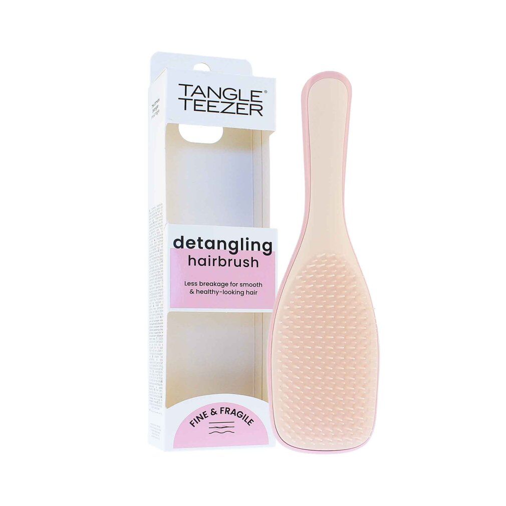 Spazzola rosa con manico. Confezione con nome del prodotto e testo: DETANGLING HAIRBRUSH. Per capelli fini e fragili.