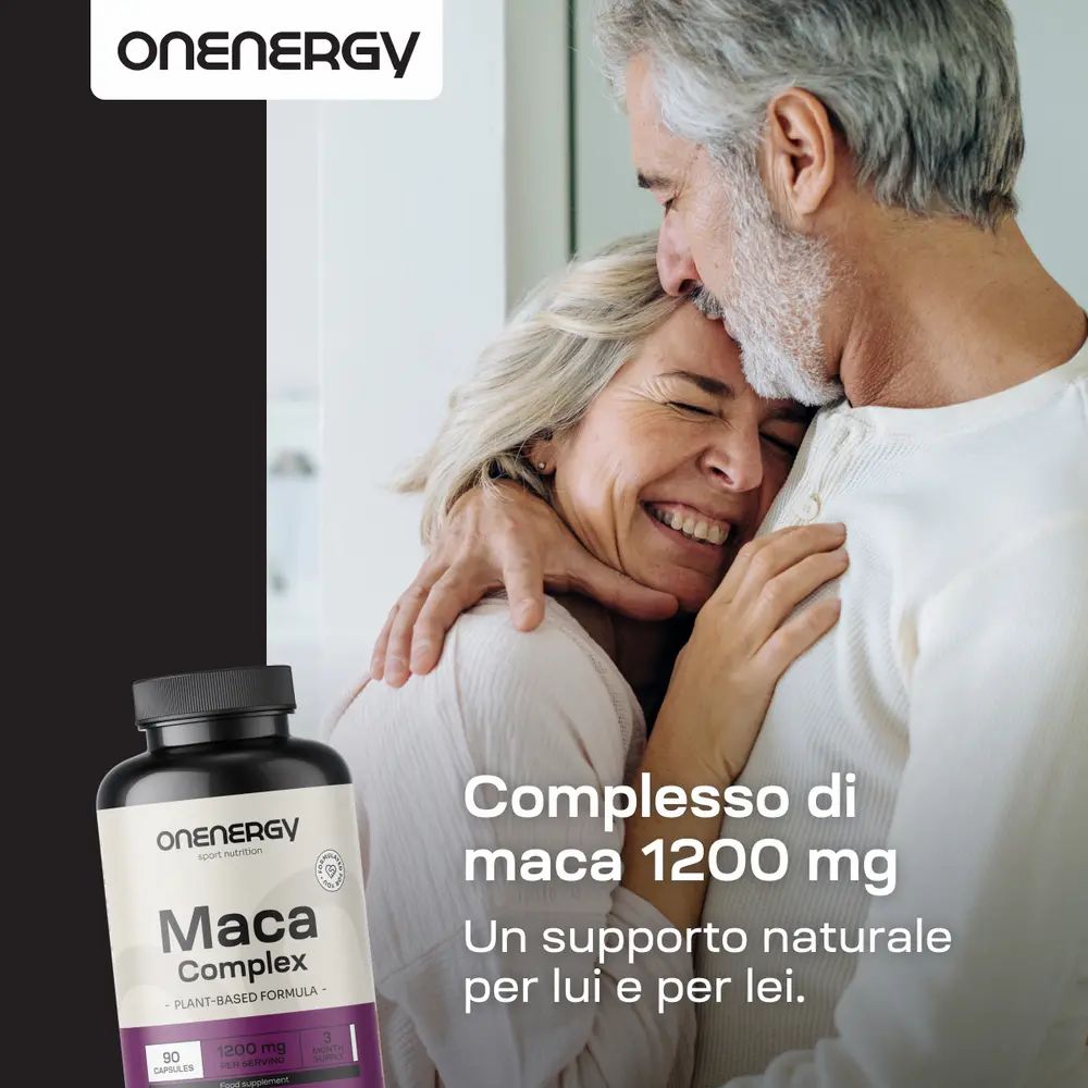 Maca Complex 1200 mg. Coppia che si abbraccia. Logo OnEnergy. Testo: Un supporto naturale per lui e per lei.