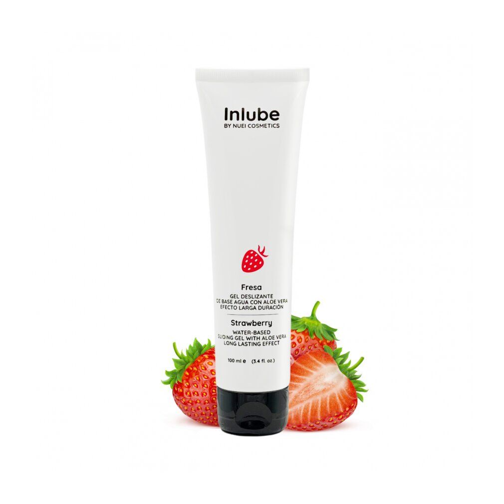 Tubo bianco, tappo nero. Scritta: Inlube, Fragola, gel lubrificante con aloe vera. Icona fragola rossa. Fragole.