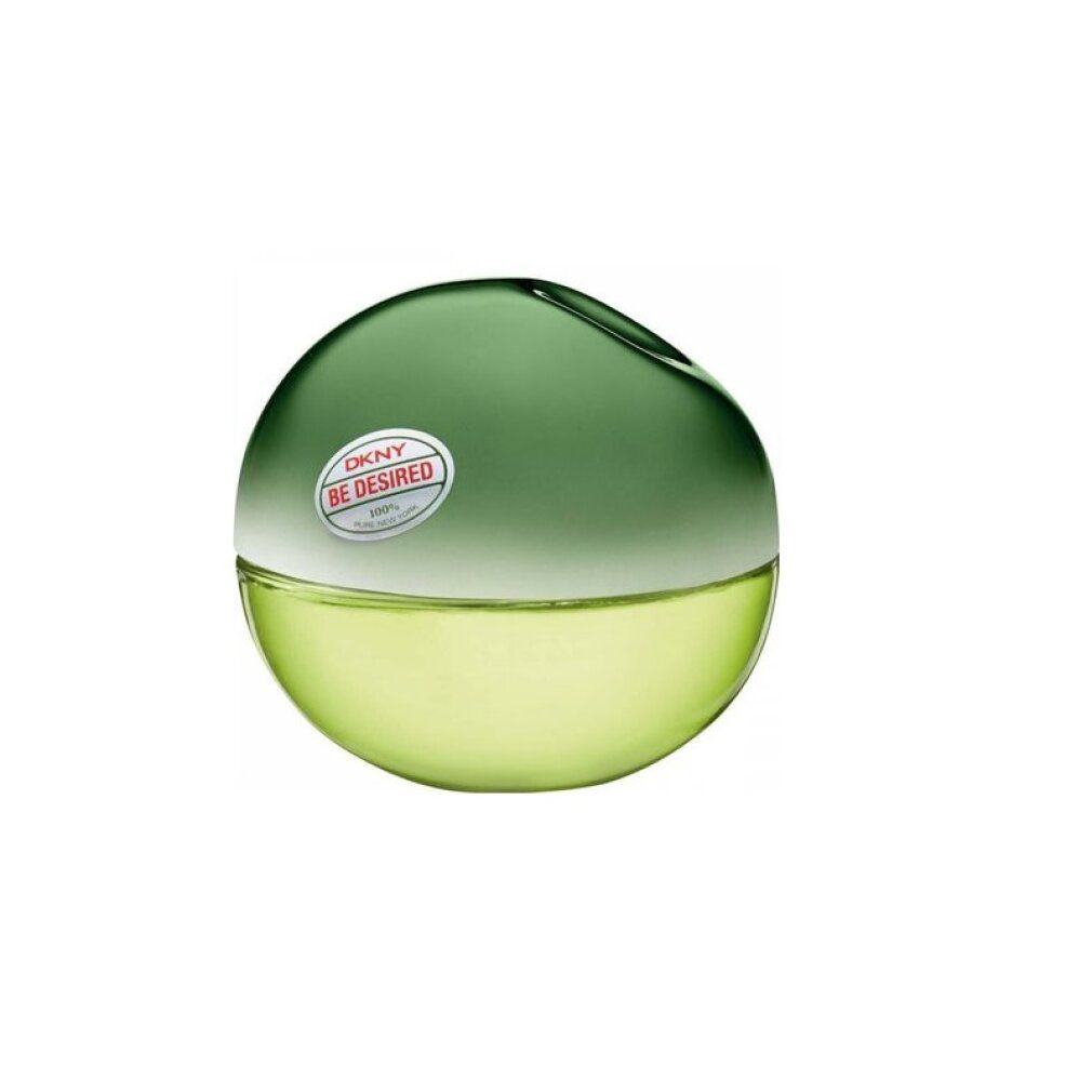 Flacone di profumo rotondo, verde-giallo. Adesivo DKNY Be Desired. Flacone in vetro.