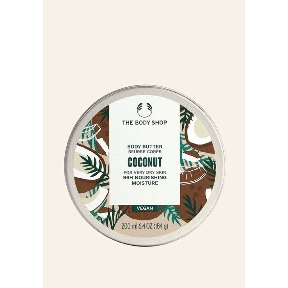 Barattolo rotondo di burro corpo, design cocco. Scritta: The Body Shop, Body Butter, Coconut, per pelli molto secche, vegano. Contenuto: 200 ml.