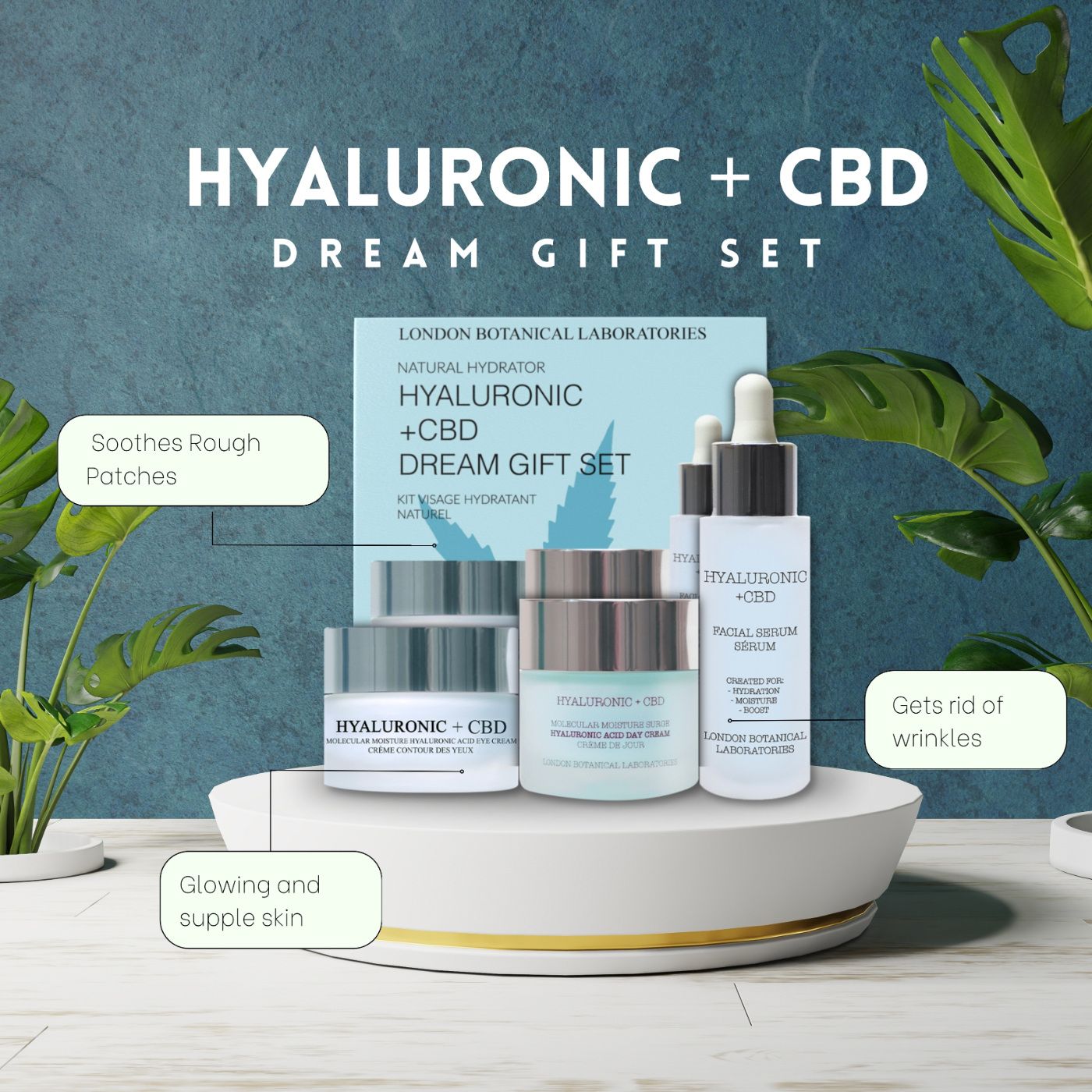Cofanetto regalo con crema, crema occhi e siero. Scritta: Hyaluronic + CBD Dream Gift Set. Posizionato su piedistallo.
