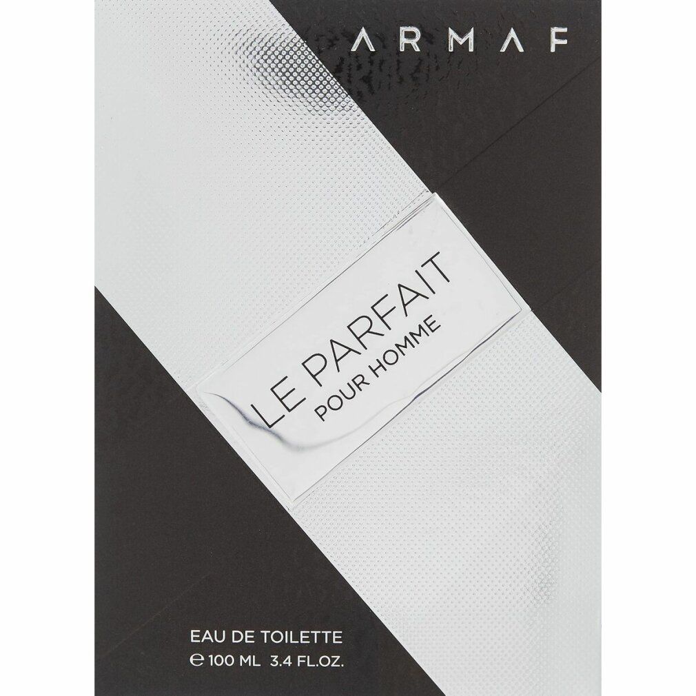Confezione con scritta: Armaf, Le Parfait Pour Homme. Strisce diagonali bianche e nere. Testo: Eau de Toilette.