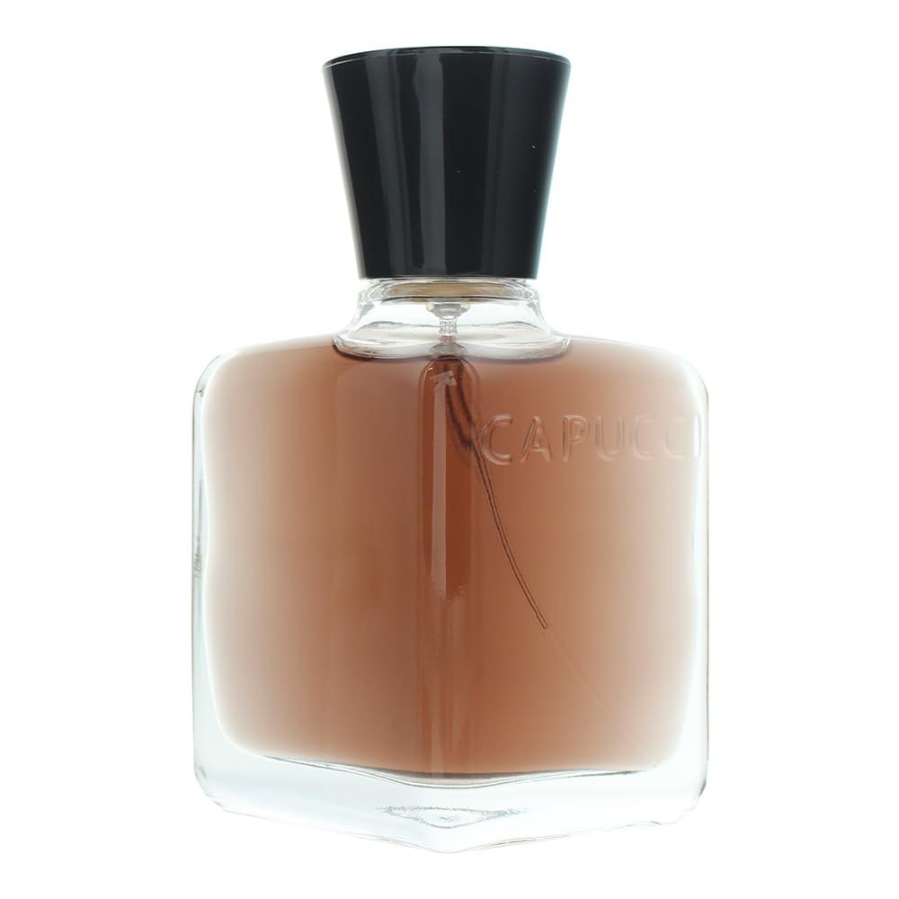 Flacone di profumo con tappo nero. Liquido marrone in un contenitore di vetro quadrato. Marchio Capucci.