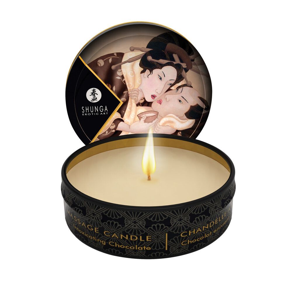 Candela da massaggio Shunga, profumo: Cioccolato inebriante. Accesa. Coperchio con arte erotica.