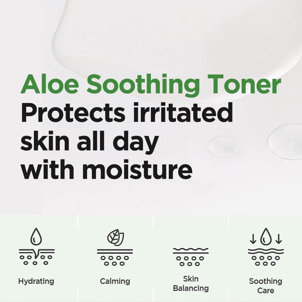 Testo: Aloe Soothing Toner. Protegge la pelle irritata con idratazione. Simboli: Idratazione, Calmante, Equilibrio cutaneo, Cura.