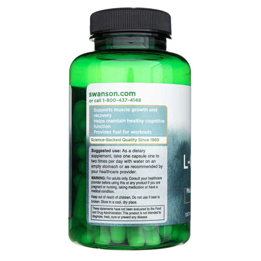 Retro di un flacone verde di L-Glutammina Swanson 500 mg. Mostra consigli d'uso e promesse di qualità.