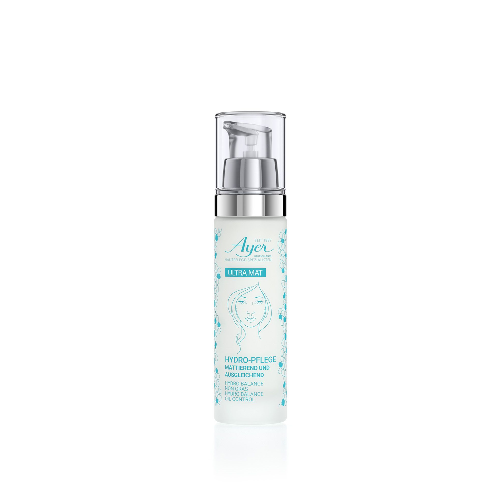 Ayer Ultra Mat Hydro Balance. Flacone con dispenser. Scritta: Hydro-Pflege, opacizzante e riequilibrante.