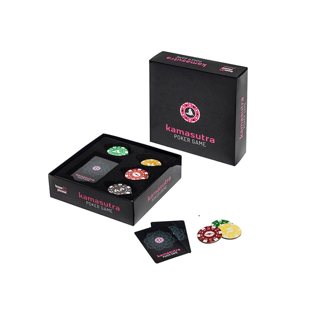 Scatola nera aperta con carte e fiches da poker. Logo "Kamasutra Poker Game" visibile.