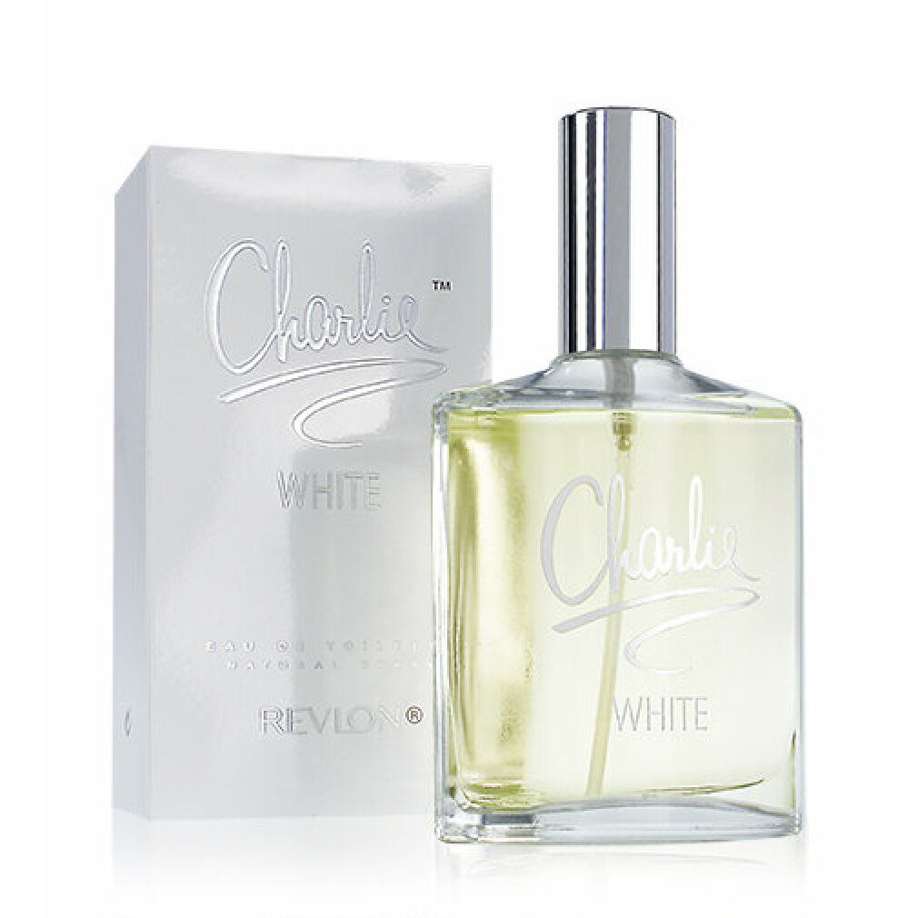 Flacone di profumo Charlie White e confezione. Sulla confezione sono visibili le scritte "Charlie White" e "Revlon".