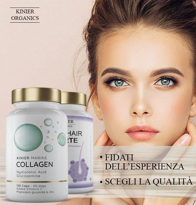 Volto di donna. Due flaconi di capsule. Uno con la scritta "MARINE COLLAGEN". L'altro con la scritta "PRO HAIR FORTE".
