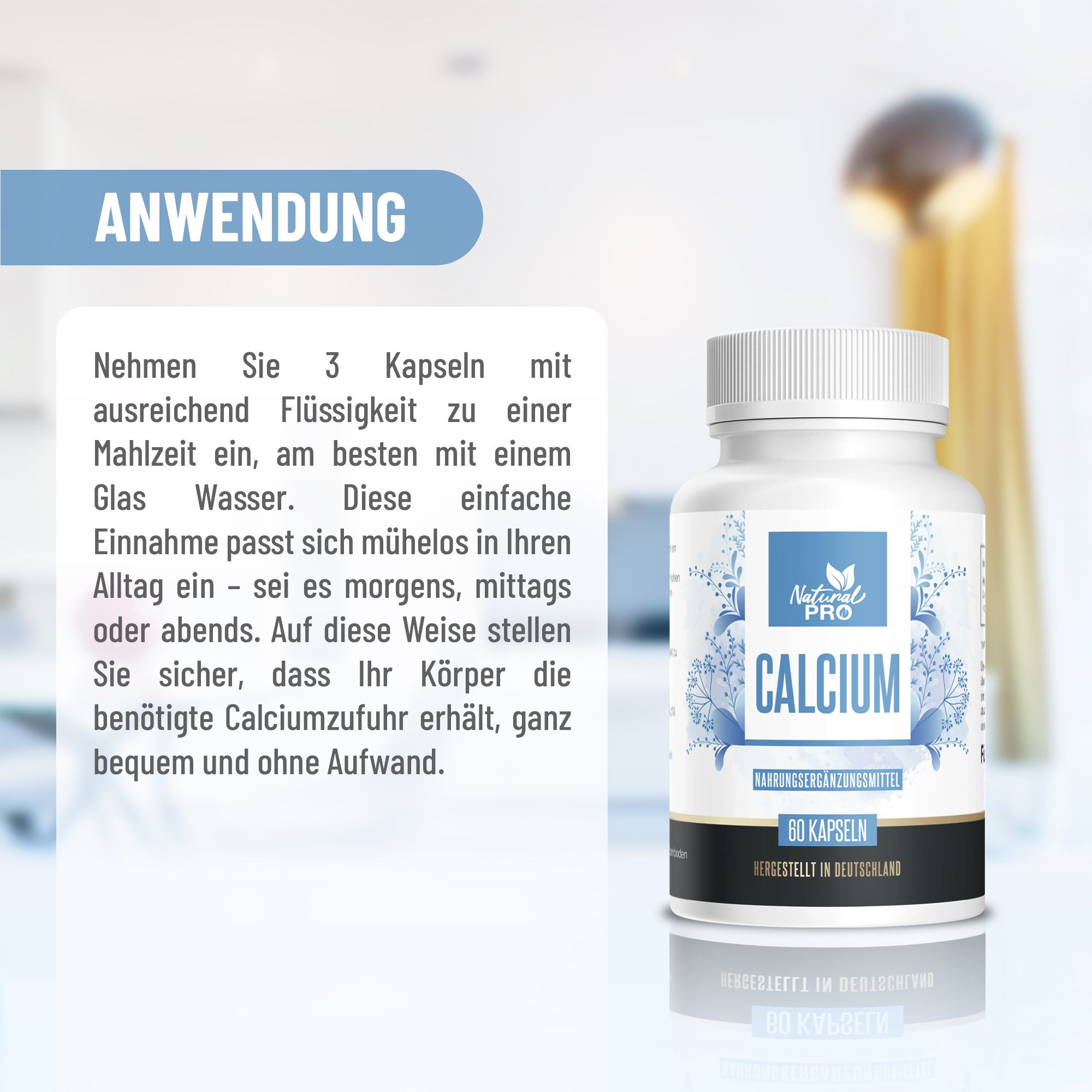 Flacone di pillole bianco con etichetta Natural Pro Calcium. Testo: 60 capsule. Istruzioni per l'uso accanto.