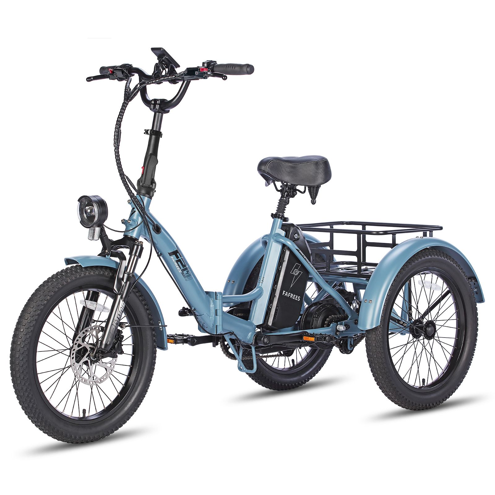 Triciclo elettrico pieghevole Fafrees F20 Mate blu. Pneumatici neri, portapacchi, faro. Alloggiamento batteria con logo.