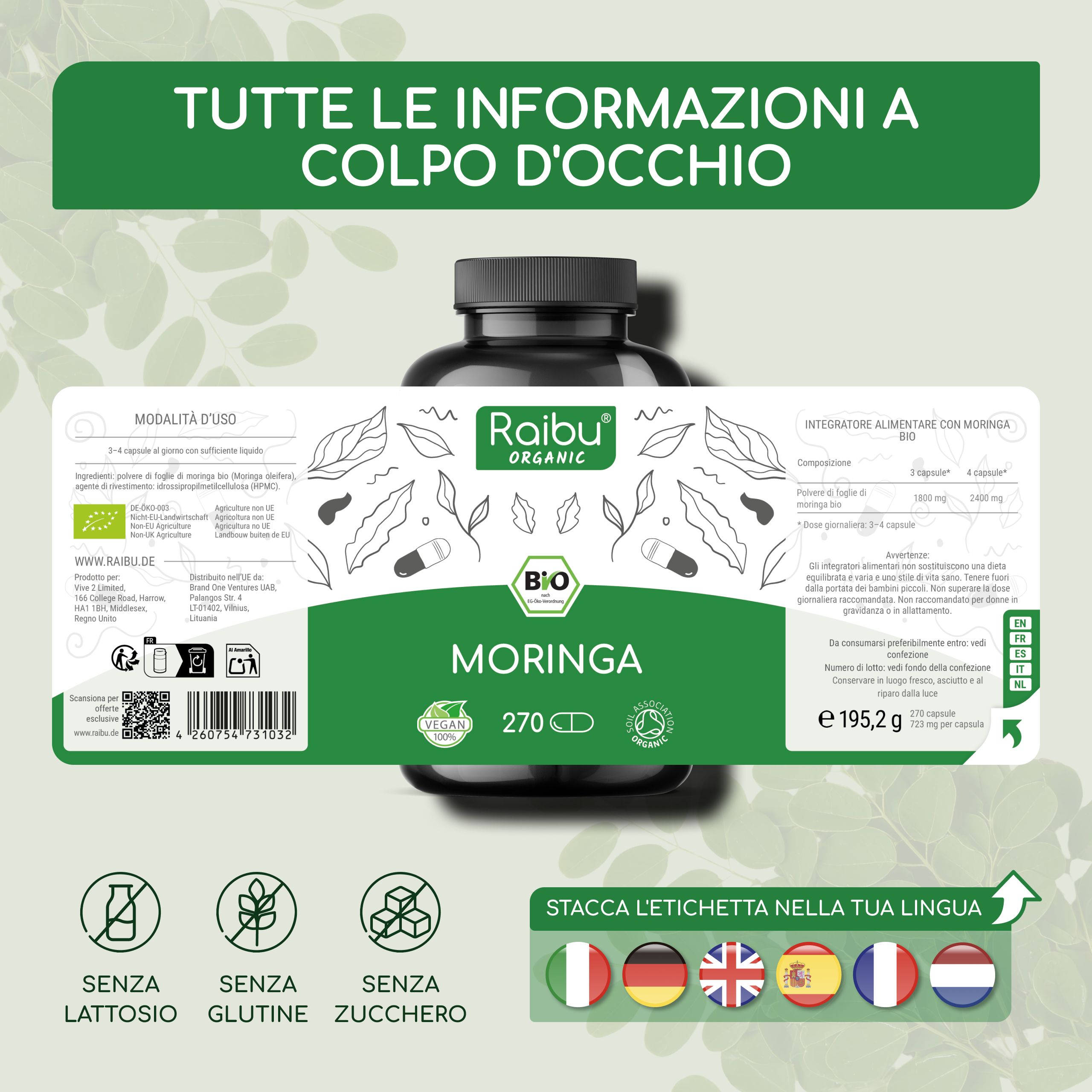Moringa Capsule BIO, 2400 mg per Dose - Fonte di Vitamine, Minerali e Proteine - RAIBU