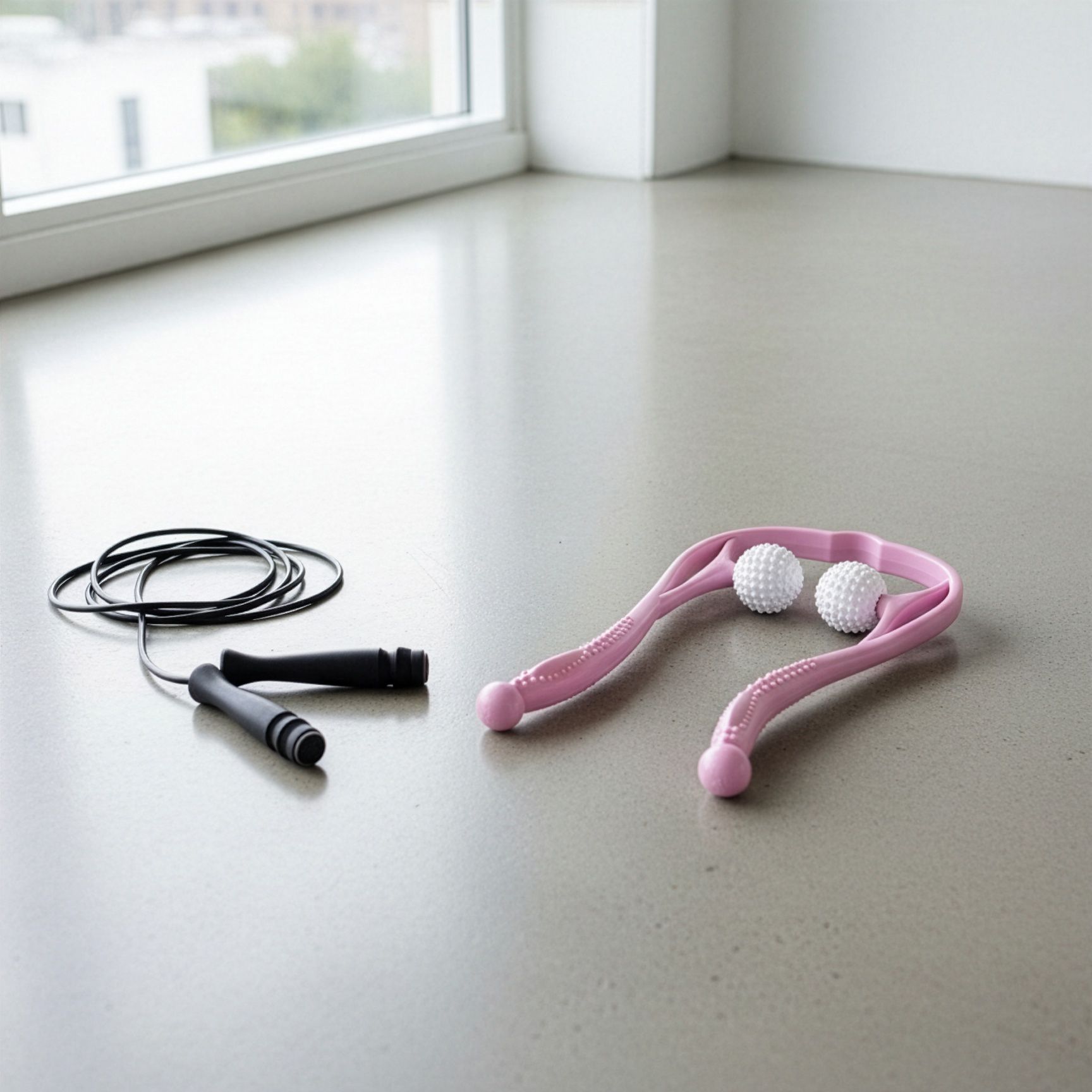 Massaggiatore rosa per collo e spalle e corda per saltare nera su pavimento grigio. Due sfere bianche sul massaggiatore.