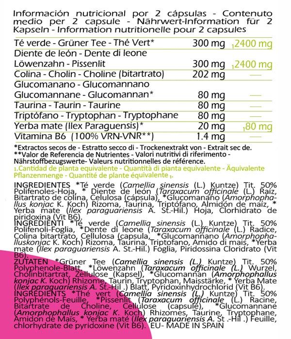 Tabella degli ingredienti e informazioni nutrizionali. Contiene informazioni per 2 capsule. Testo in tedesco, spagnolo e inglese.