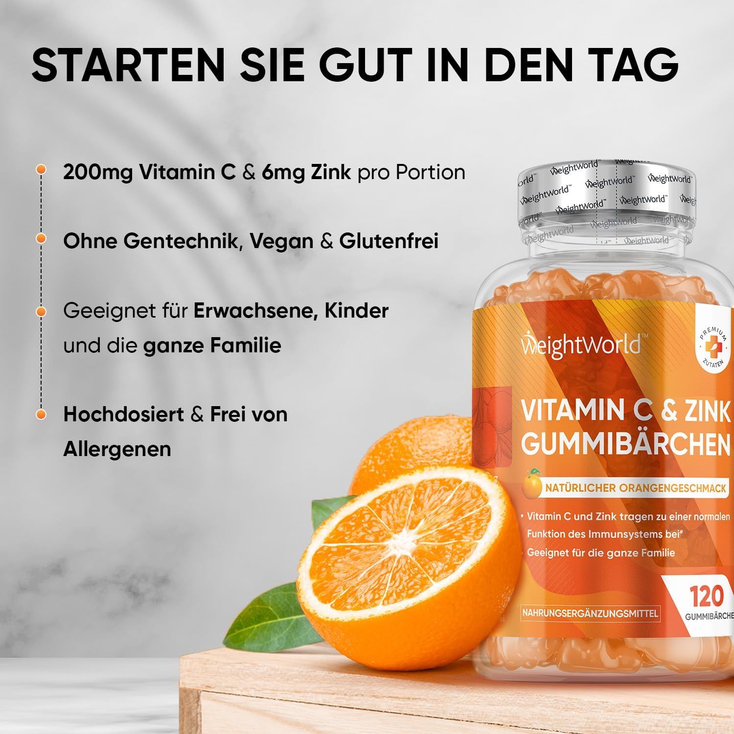 Weightworld Vitamin C & Zink Gummibärchen. Bottiglia, arance, testo. 120 caramelle gommose. Gusto arancia naturale.